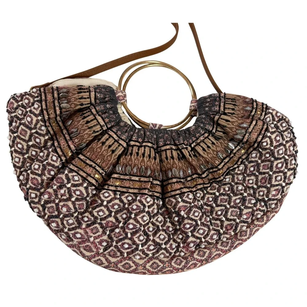 Anthropologie Bohemian Beaded Crescent Hobo Bag Gold Ring Handle Shoulder Bag‎
